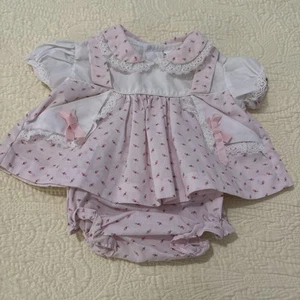 Vtg Babyfair Two Piece Pink & White Rose Buds Dress Panties Lace Trim Bows 0-6M - Picture 1 of 13