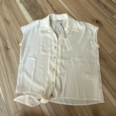 Rachel Zoe Crop Top Woman's XSmall Button Tie Beige  Cap Sleeve Blouse Shirt - Image 1 of 4