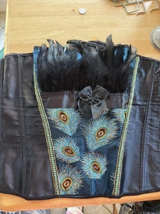 Corset Black Embroider Peacock Feathers Lingerie Back Lace Side Hook/eye XL - Picture 1 of 8