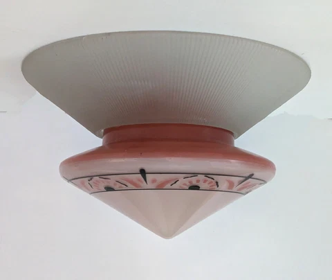 Vintage 1934 Art Deco Hanging Light Fixture Glass Globe With Ribbed Collar Cover