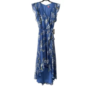VINCE CAMUTO Womens 6 Midi Dress Floral Short Sleeve Hi Lo V-Neck Lined Blue NWT - Picture 1 of 12