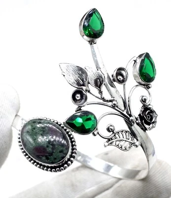 925 Sterling Silver Ruby In Zoisite Gemstone Jewelry Cuff Bracelet Size-ADJ" - Image 1 of 4