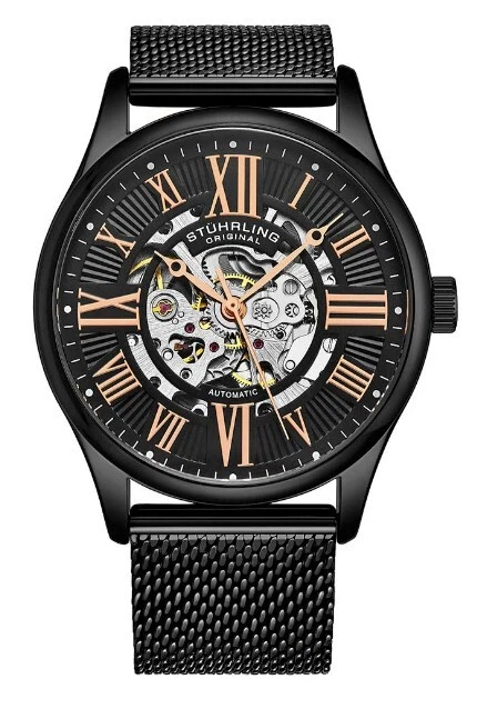 Stuhrling Original 3942 2 Automatic Skeleton Black Leather Strap Mens Watch