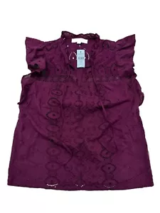 LOFT NEW XSP Petite Eyelet Ruffle Cravatta Collo Top Viola $64,95 NUOVO (PET HAIR) - Foto 1 di 14