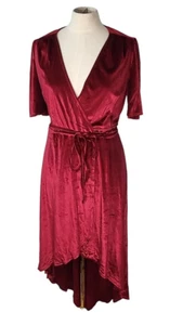 Lulus Dress Size Large Velvet Wrap Tie Midi Party V Neck High Low Red - Picture 1 of 9