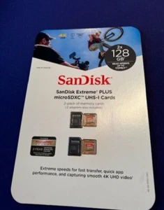 SanDisk Extreme Plus MicroSDXC UHS-I Cards 128 GB Pack Of 2 Brand New - Picture 1 of 2