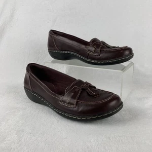 Clarks ASHLAND BUBBLE Tassel Loafers Womens Size 9N Burgundy Leather Slip-on EUC - Picture 1 of 10