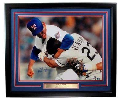 Nolan Ryan HOF Autographed 16x20 Photo Punch Out Rangers Framed PSA/DNA 195362 - Image 1 of 4