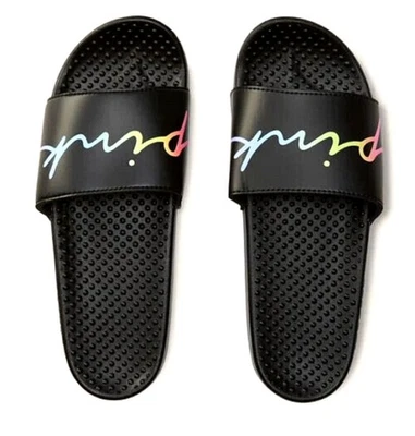 Victoria's Secret Pink Script Ombre Rainbow Logo Slides Sandal Black NWT - Image 1 of 4
