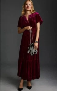 Anthropologie Somerset Dress L Velvet Maxi Tiered Boho Claret Burgundy Gothic - Picture 1 of 15