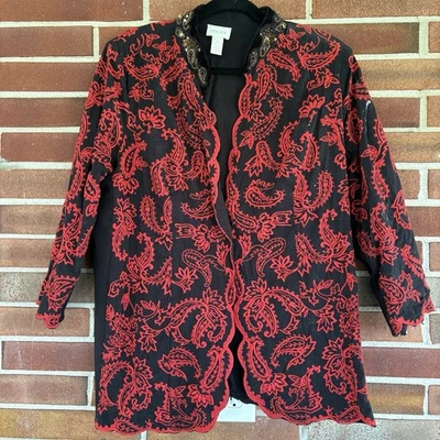 Chaqueta Blazer Chico's Negro Rojo Cachemira Bordada Lentejuelas 2P Cuentas A3344 Foto 1 de 4