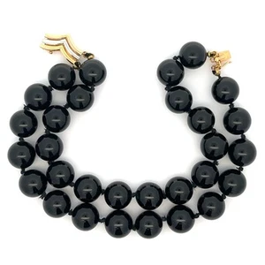 Vintage 14k Multi-Tone Gold Chevron 10mm Black Onyx Dual Strand Bead Bracelet - Picture 1 of 7