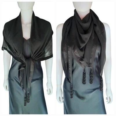 Black Silk Chiffon Opera/Piano Shawl w/Satin Edge & Beaded Tassels 42" X 42" - Image 1 of 4