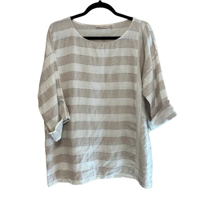 Soft Surroundings Linen Tunic Top Size LP Large Petite Blouse Beige Cream Stripe - Image 1 of 4
