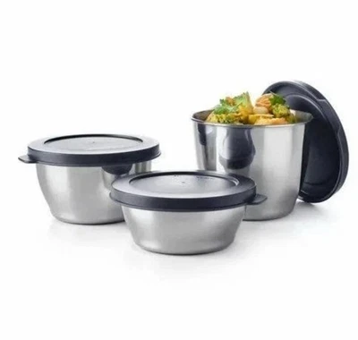 New Tupperware Stackable Tiffin Bowl Set 3 Stainless Steel 450ml 300ml 150ml - Image 1 of 2