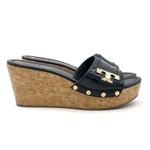Tory Burch Pamela Wedge Sandals Size 8 Black Patent Leather Cork Slide Gold Logo - Picture 1 of 15
