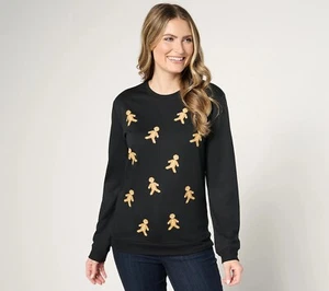 MUK LUKS Sz XS French Terry Unisex Holiday Party Sweatshirt BLACK/GINGER A678314 - Picture 1 of 1