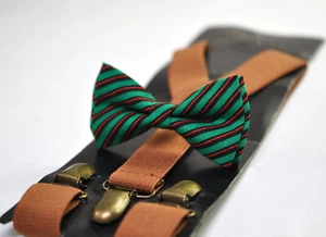 Xmas Christmas Red Green Candy Stripes Bow tie bowtie Tan Brown Suspenders - Picture 1 of 14