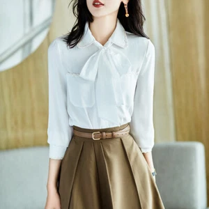Womens Lapel Collar Bow Knot Long Sleeves White Shirt Elegant Embroidery Tops - Picture 1 of 8