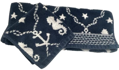 Vera Bradley Seahorse Rope Anchor Hand Towel Washcloth Blue White Cotton 2 Pc - Image 1 of 4