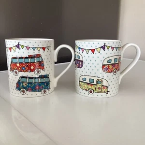 Queens By Churchill The Caravan Trail Festival Caravans Fine China Mug X2 - Picture 1 of 7