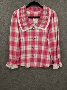 Tach Clothing Flannel Shirt Womens Medium Hand Embroidered Pink Plaid Handmade - Picture 1 of 18