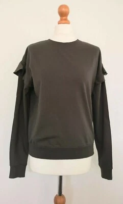 H&M Khaki Green Ruffle Shoulders Loose Sweater Top Size S  - Image 1 of 4