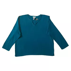 NWT Jones New York Top Womens 3X Blue Teal Knit Long Sleeve V-Neck Fringe Trim - Picture 1 of 15