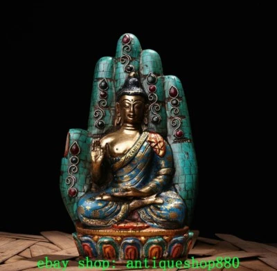 Antigua estatua de Buda Shakyamuni Sakyamuni con incrustación de bronce del Tíbet de 9"" Foto 1 de 4