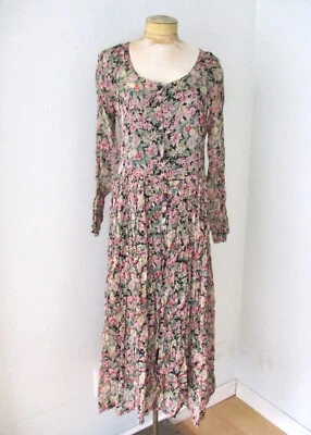 Vtg 80s black pink rayon floral garden party tea dress full skirt tank lining S - Image 1 of 4