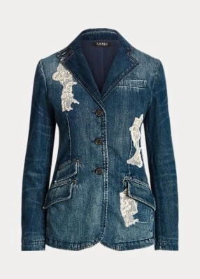 NWT LAUREN Ralph Lauren Lace Patchwork Denim Indigo Buttoned  Blazer Jacket Sz 6 - Image 1 of 4