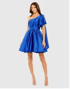 Mac Duggal 20690 Blue One Shoulder Bow Satin Mini Dress Size 4 Fit Flare Cocktai - Picture 1 of 6