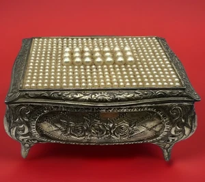Vintage Jewelry Casket Trinket Box Silver Tone Faux Pearls on Lid 4.25" - Picture 1 of 7