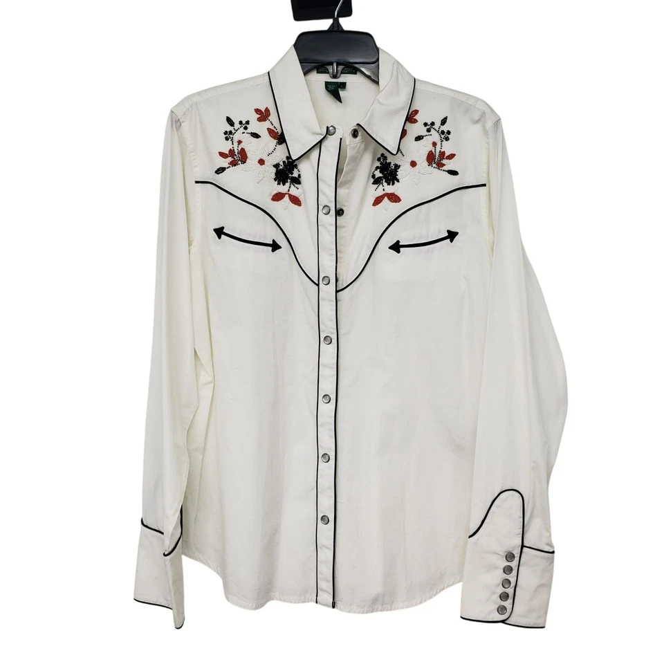 Camisa Top Lauren Ralph Lauren Floral Con Cuentas Yugo Western Boho Blanca Perla a Presión Foto 1 de 4