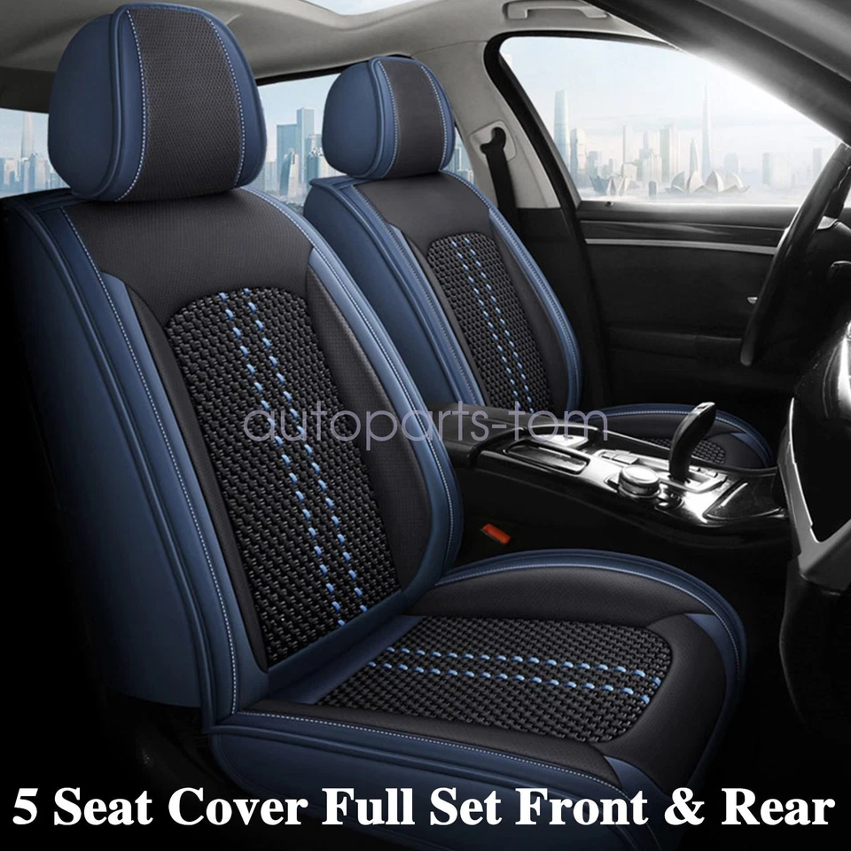 Juego completo de fundas de 5 asientos de cuero PU impermeables para coche Kia negro + azul Foto 1 de 4