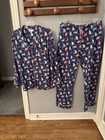 PAJAMAGRAM Navy/Pink Cat Long Sleeve Button Up Pajama Set Size Large