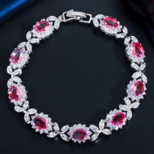 Wedding Sweet Pink Bi Color Tourmaline Gems Silver Flower Women Charm Bracelets - Picture 1 of 6