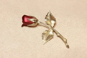 Rose flower Brooch Red Petals Silver tone - Bild 1 von 5