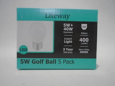 Liteway 5W Golf Ball Bulbs 5 Pack E27 Warm White 3000K 400 Lumen - Image 1 of 2