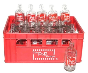24 Vintage The Pop Shoppe 10 ounce Glass 6.5" Soda Bottles w/Red Plastic Carrier - Picture 1 of 6