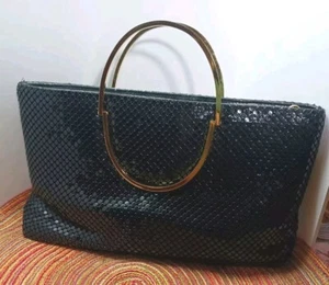 Vintage 1970s Warren Reed Black Metal Mesh Clutch with Foldable Gold Handles - Picture 1 of 12
