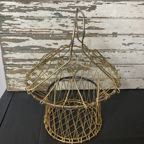Vintage French Wire Egg Gathering Basket Gold Brass Tone Collapsible Farm Cover