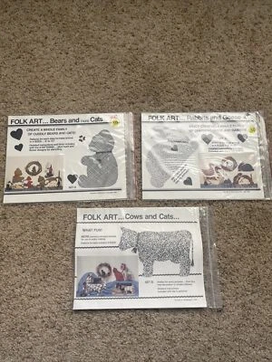 RARE LOT OF 3 Folk Art Cross Stitch Patterns 1982-1983 Cats Rabbits Bears Geese  - Image 1 of 4