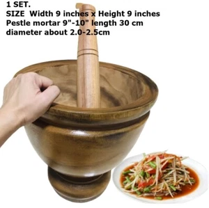9'' Wooden Mortar Grinder & Pestle Som Tam Papaya Salad Chili Paste Thai Kitche - Picture 1 of 5