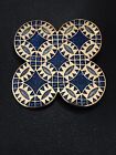 Blue & 22 Ct Gold Plated Enamel Quilt Pattern Brooch Pin By Fine Enamels 5-Ring