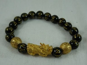 Bracciale Pixiu Feng Shui Protezione Abbondanza Oro Letterato Nero Oro Perline 7" - Foto 1 di 12