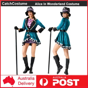 Ladies Mad Hatter Costume Alice In Wonderland Halloween Book Week Dress Outfit - Picture 1 of 9