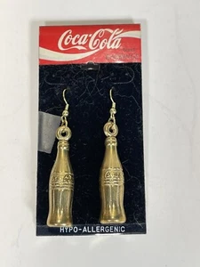 Coca Cola Brass Bottle Earrings on Hooks 1993 Hypo Allergenic Dangle 2.5" Vtg - Picture 1 of 10