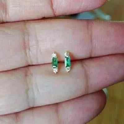 1.40Ct Baguette Moissanite Emerald Stud Earrings Women 14K Yellow Gold Plated - Image 1 of 3
