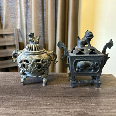 Vintage Chinese Cast Iron Incense Burners Foo Dog Lot Of 2 - Image 1 of 4